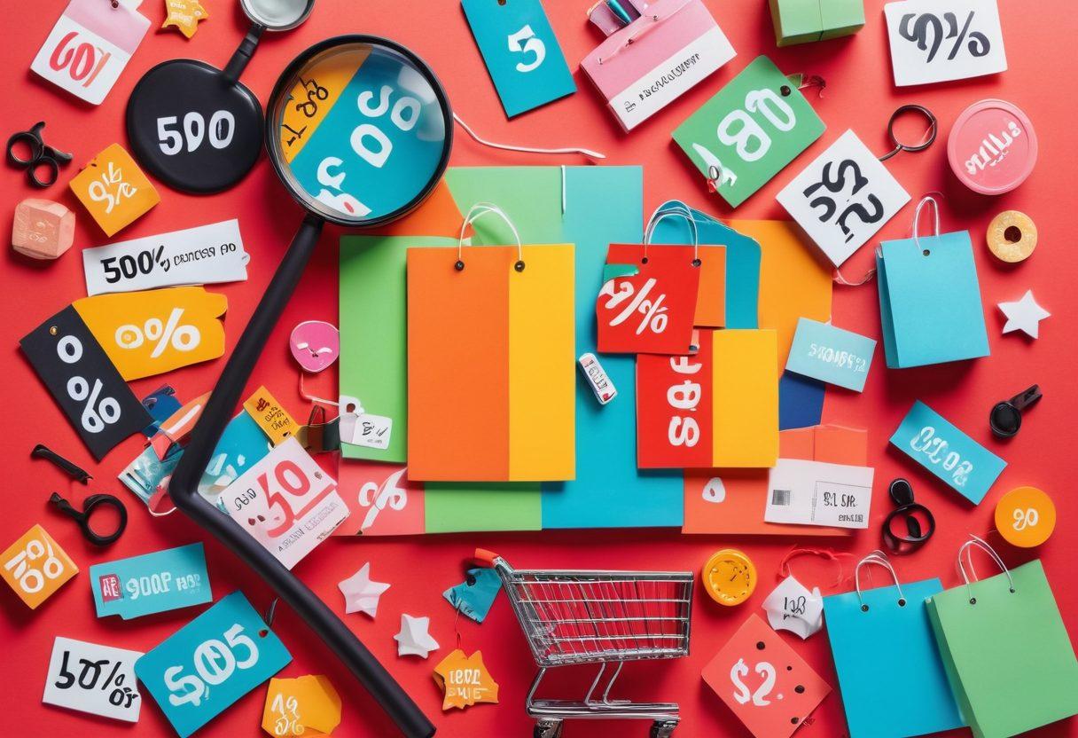 A vibrant, visually stimulating collage showcasing discount tags, percentage signs, and shopping carts overflowing with consumer goods. Incorporate a magnifying glass highlighting specific products with slashed prices, surrounded by cheerful shoppers celebrating their savings. The background should have a mix of store interiors and online shopping elements, symbolizing both physical and digital discount hunting. flat lay style. vibrant colors. 3D elements.