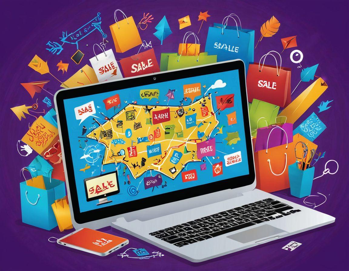 A visually engaging illustration of a treasure map leading to various online shopping icons like discount tags, shopping carts, and sale signs, all marked with bright colors and whimsical arrows. In the background, a computer and a smartphone display vibrant deals, while a shopping bag overflows with exciting products. The whole scene radiates a sense of adventure and discovery. vibrant colors. vector art.