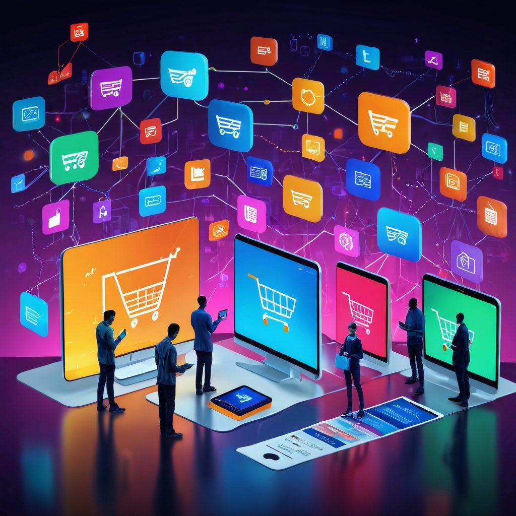 A futuristic shopping scene depicting a diverse group of people browsing on various devices, surrounded by dynamic charts and symbols of savings and discounts. Brightly colored shopping carts filled with items, a digital wallet displaying transactions and coupons floating in the air. Show a blend of e-commerce elements like mobile apps and online marketplaces, with the background featuring interconnected networks symbolizing the e-commerce era. super-realistic. vibrant colors. digital art.